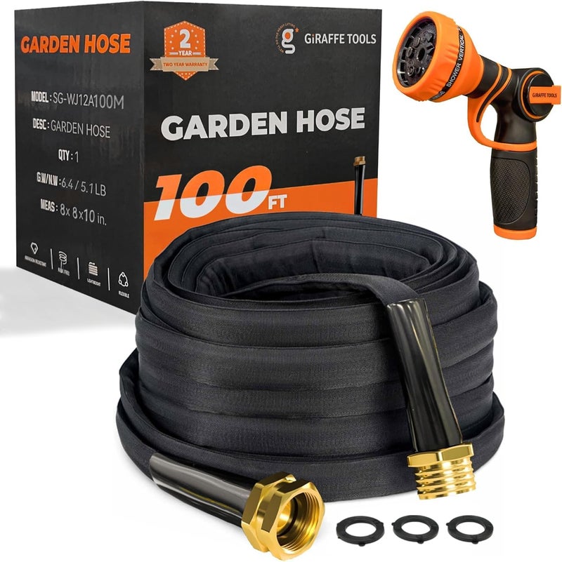 Giraffe Tools Garden Hose 100FT Lightweight Lay Flat Water Hose Kink Free Flexible Hose with 9 Spray Function Nozzle（Black） - Image 1